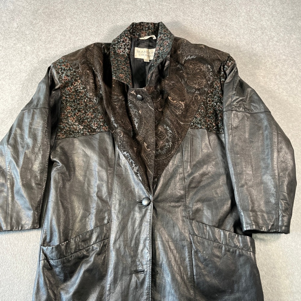 Vintage Brandon Thomas Leather Trench Coat Womens M Black Paisley Tapestry